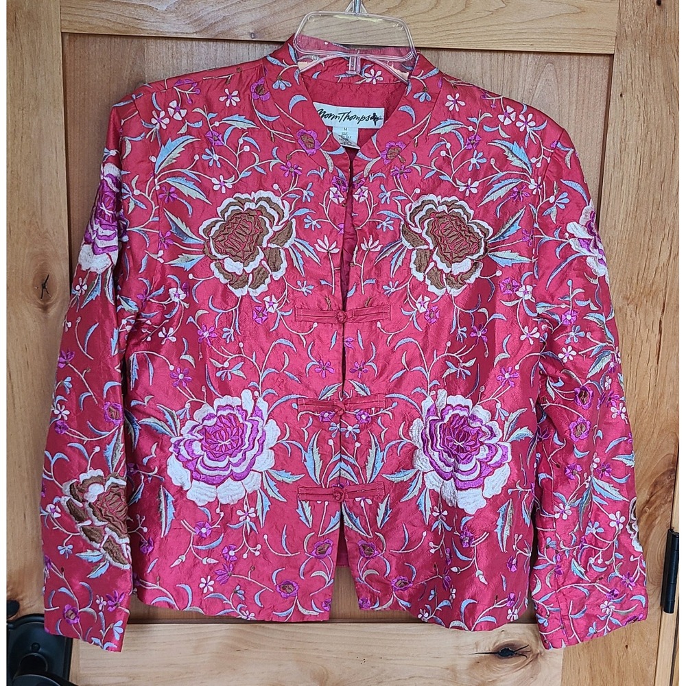 Vintage Norm Thompson 100% Silk Pink MEDIUM Embroidered Jacket Asian Feminine
